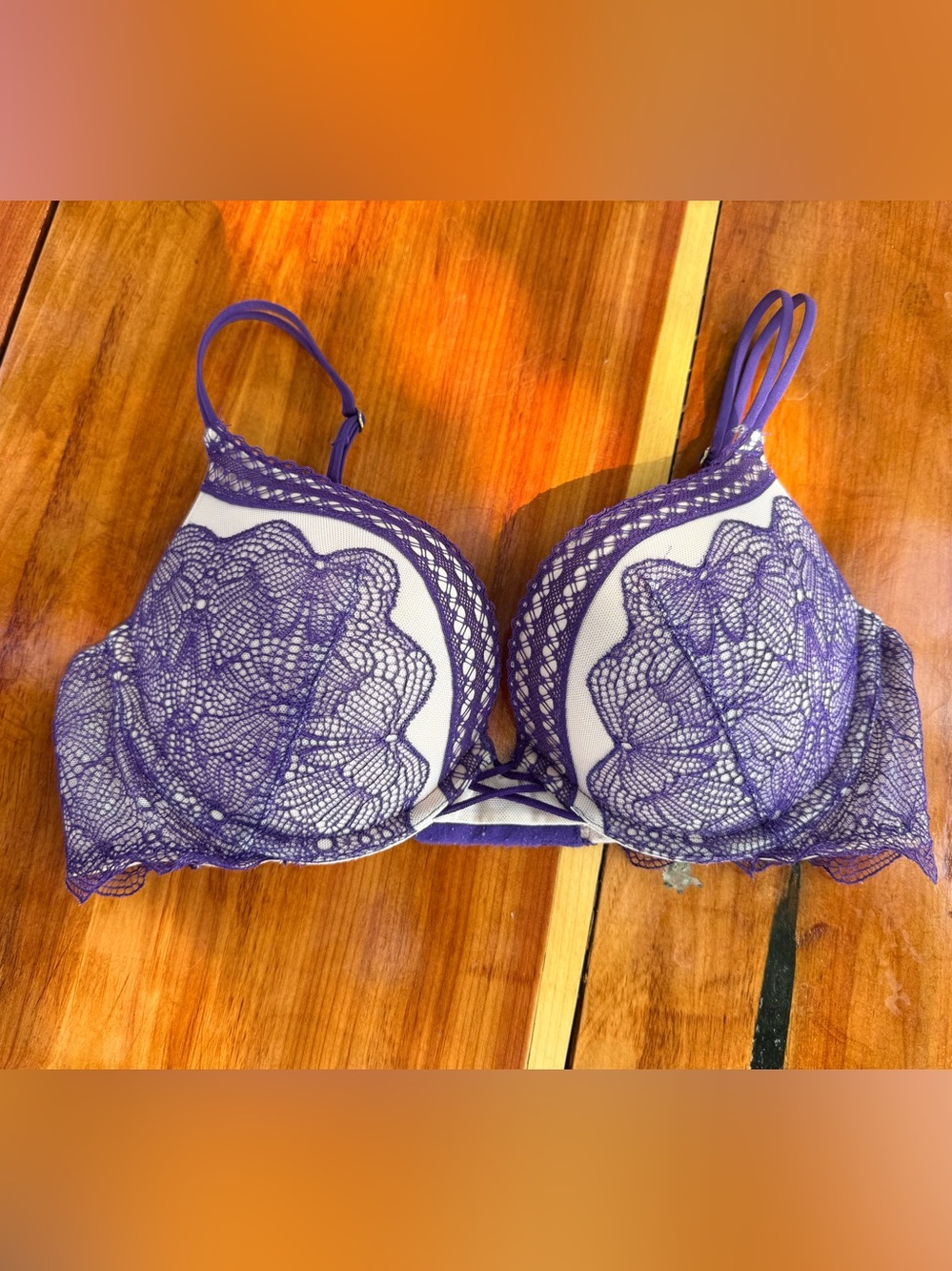 Victoria's Secret Very Sexy Padded Pushup Purple Lace & Cream Trim Bralette 34C